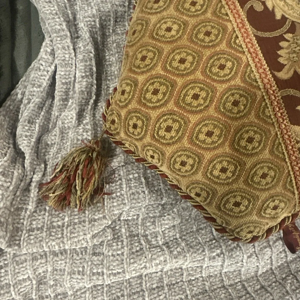 SERENDIPITY Gold Red Tapestry Throw Pillow Reversible TASSELS Maximalist Luxe‎